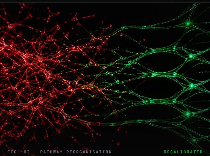 Neural pathways shifting from tangled red reactive wiring to clean green recalibrated pathways